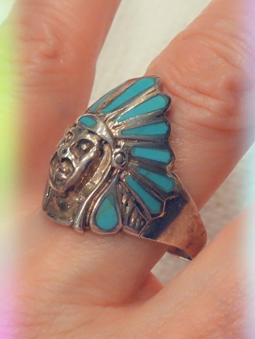 Estate Sterling Silver Turquoise Gemstone Ring Sz 13 - Picture 2 of 5